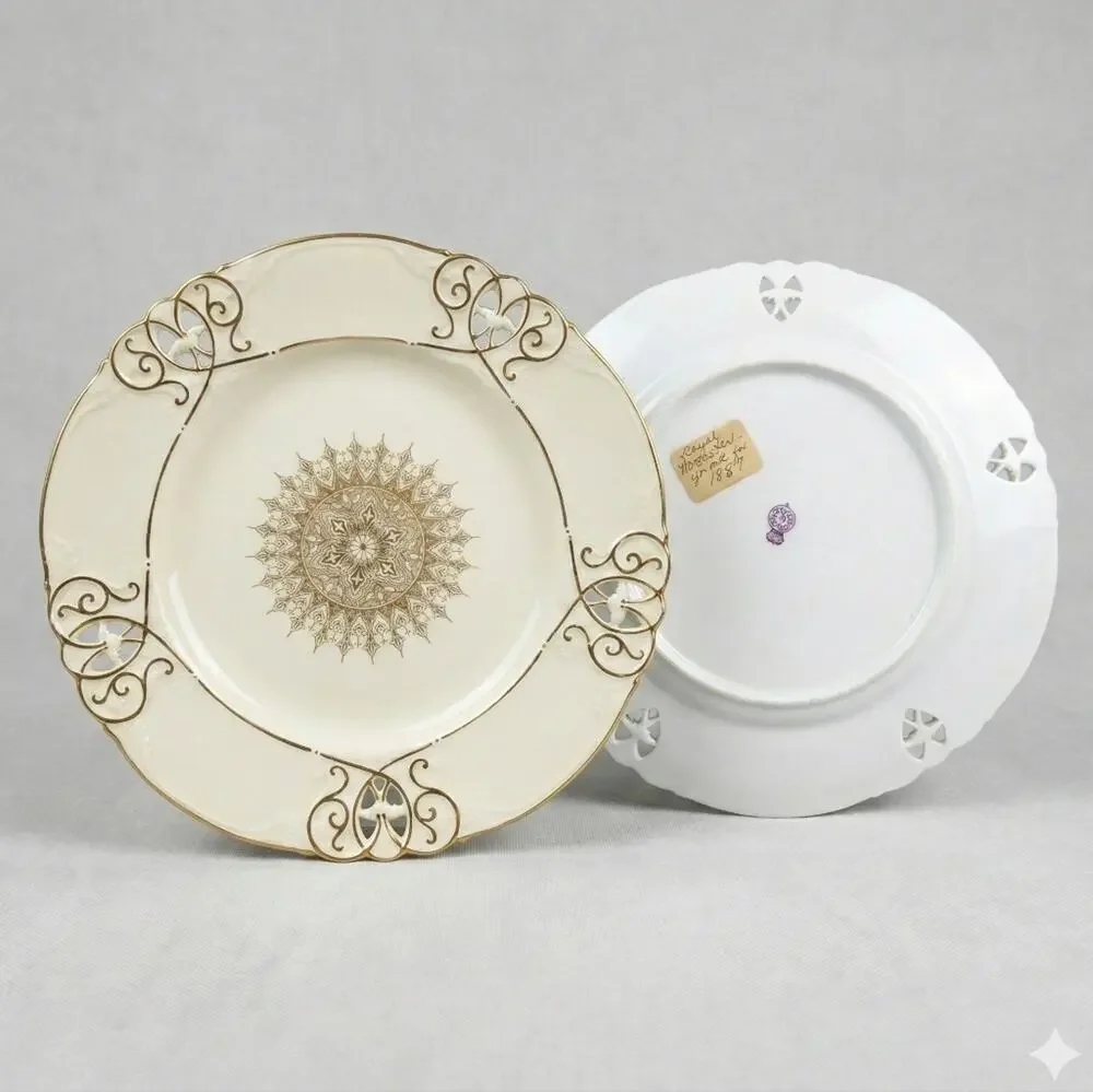 Antique 1887 Royal Worcester Pierced Rim Plate – Gold Gilt Medallion – Victorian